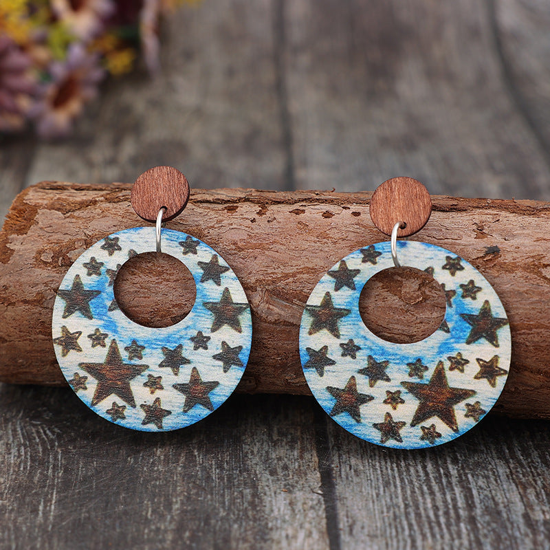 Cutout Star Print Wooden Dangle Earrings 