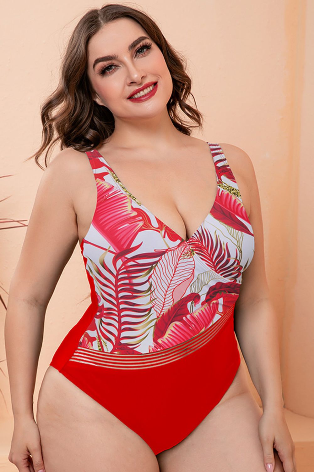 Full Size Two-Tone Plunge One-Piece Swimsuit 