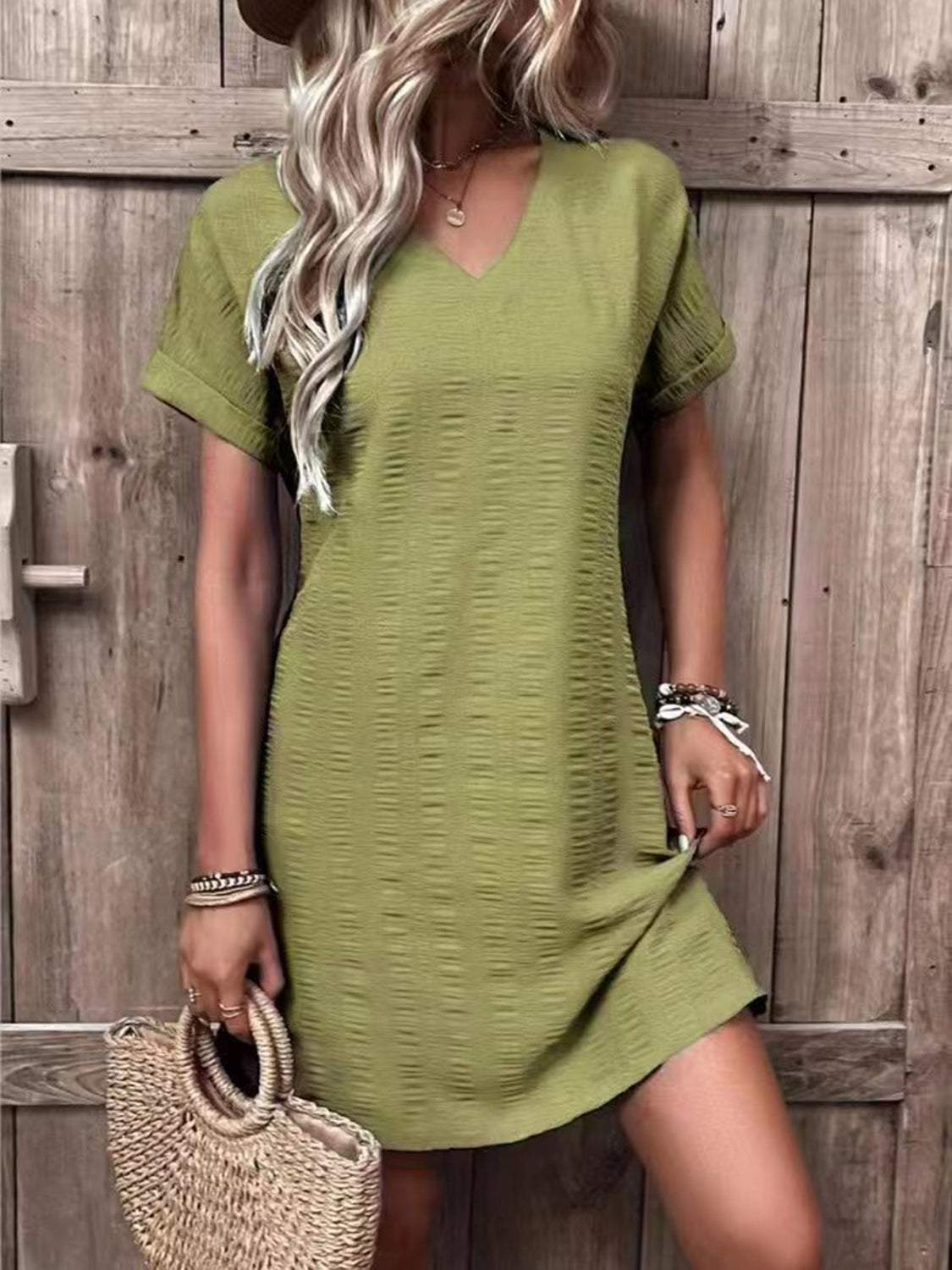 Full Size V-Neck Short Sleeve Mini Dress - Babbazon New Products