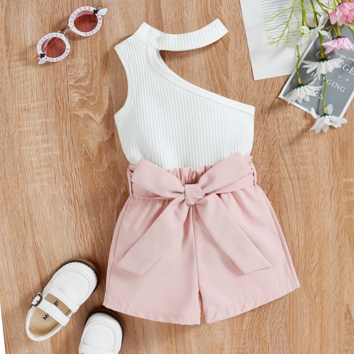 Sleeveless Slanted Shoulder Bow Shorts Girls Suit