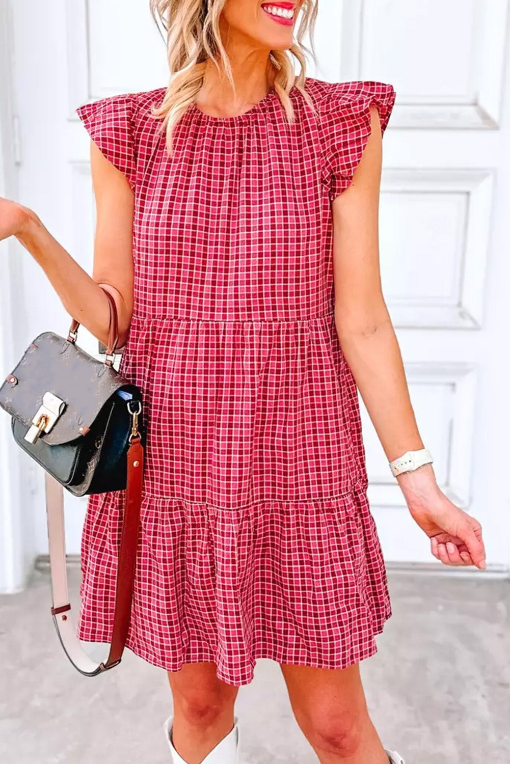 Red Clay Plaid Flutter Sleeve Tiered Mini Dress - Babbazon Short Dresses