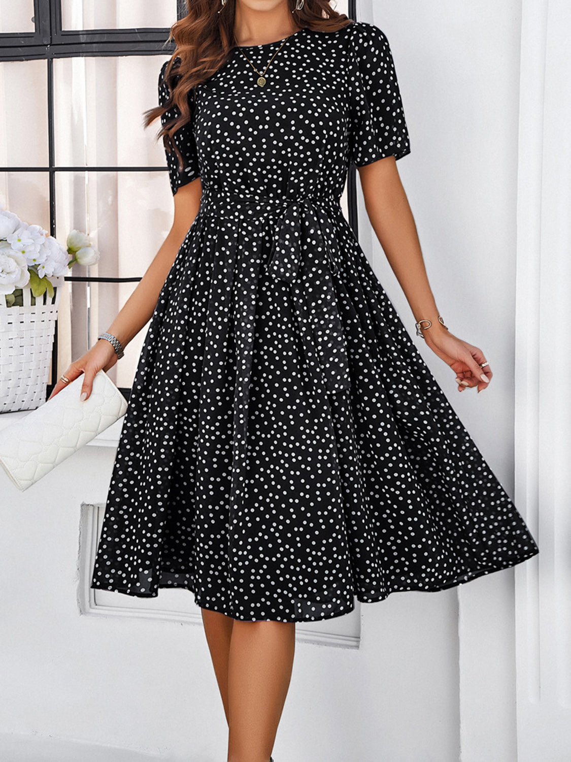 Printed Round Neck Short Sleeve Dress - Babbazon New Products