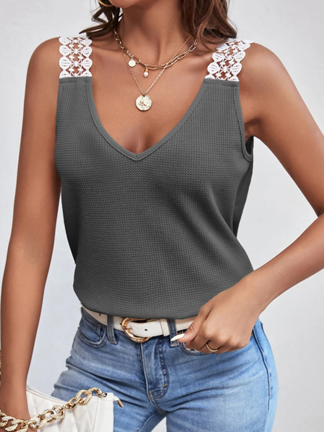 Lace Detail Waffle-Knit V-Neck Tank - Babbazon New Products