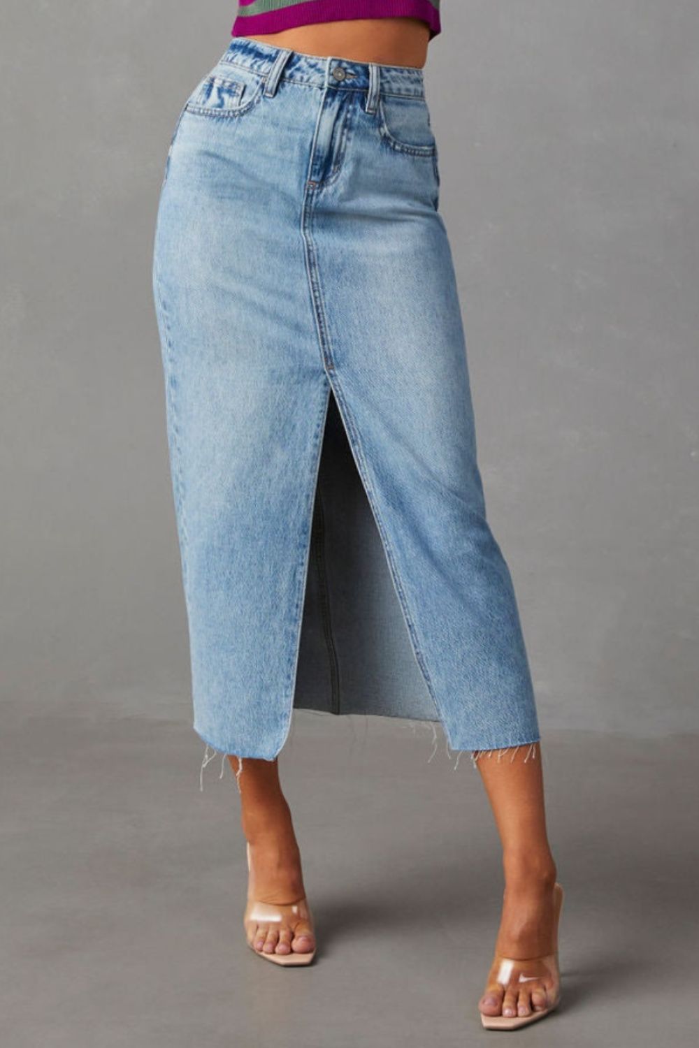 Slit Raw Hem Midi Denim Skirt - Babbazon New Products