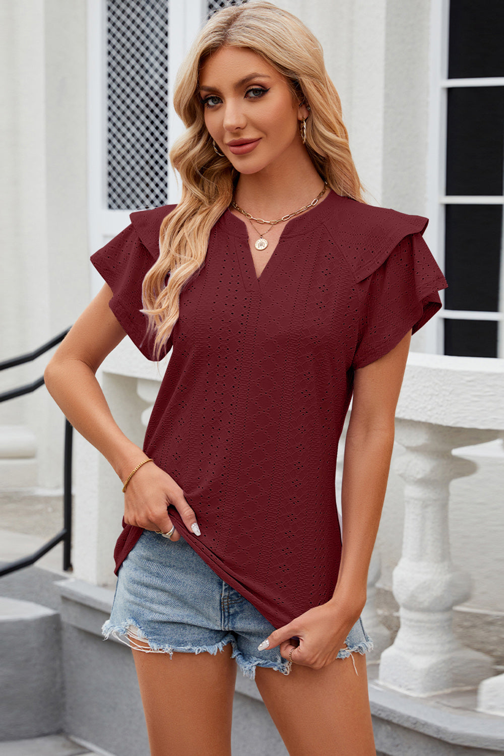 Eyelet Notched Short Sleeve T-Shirt - Babbazon Camisole