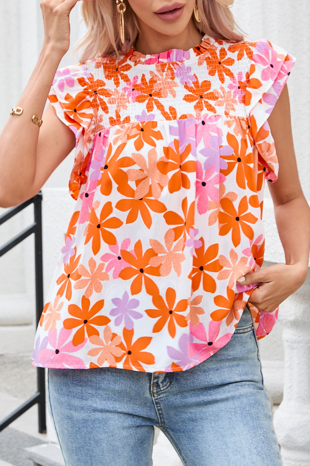 Printed Round Neck Cap Sleeve Blouse - Babbazon New Products