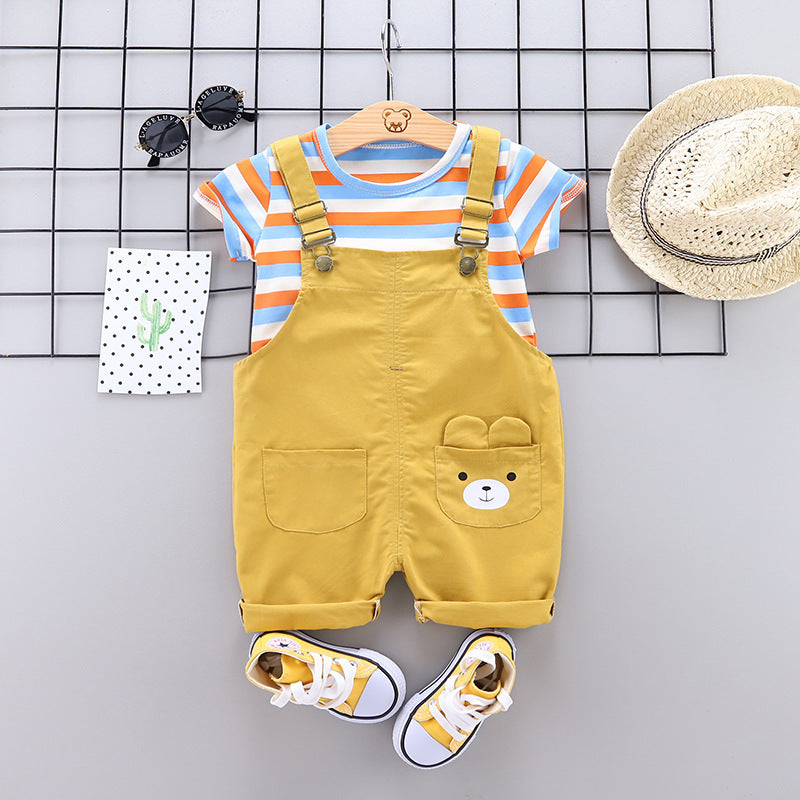 Two Large Striped Round Neck Short-Sleeved Rainbow Suspenders Shorts