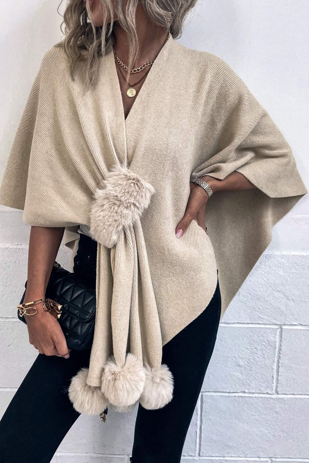 Surplice Neck Pom-Pom Trim Poncho 