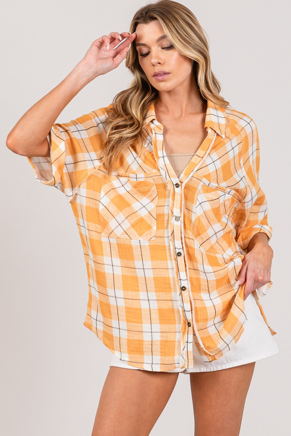 SAGE + FIG Plaid Button Up Side Slit Shirt 