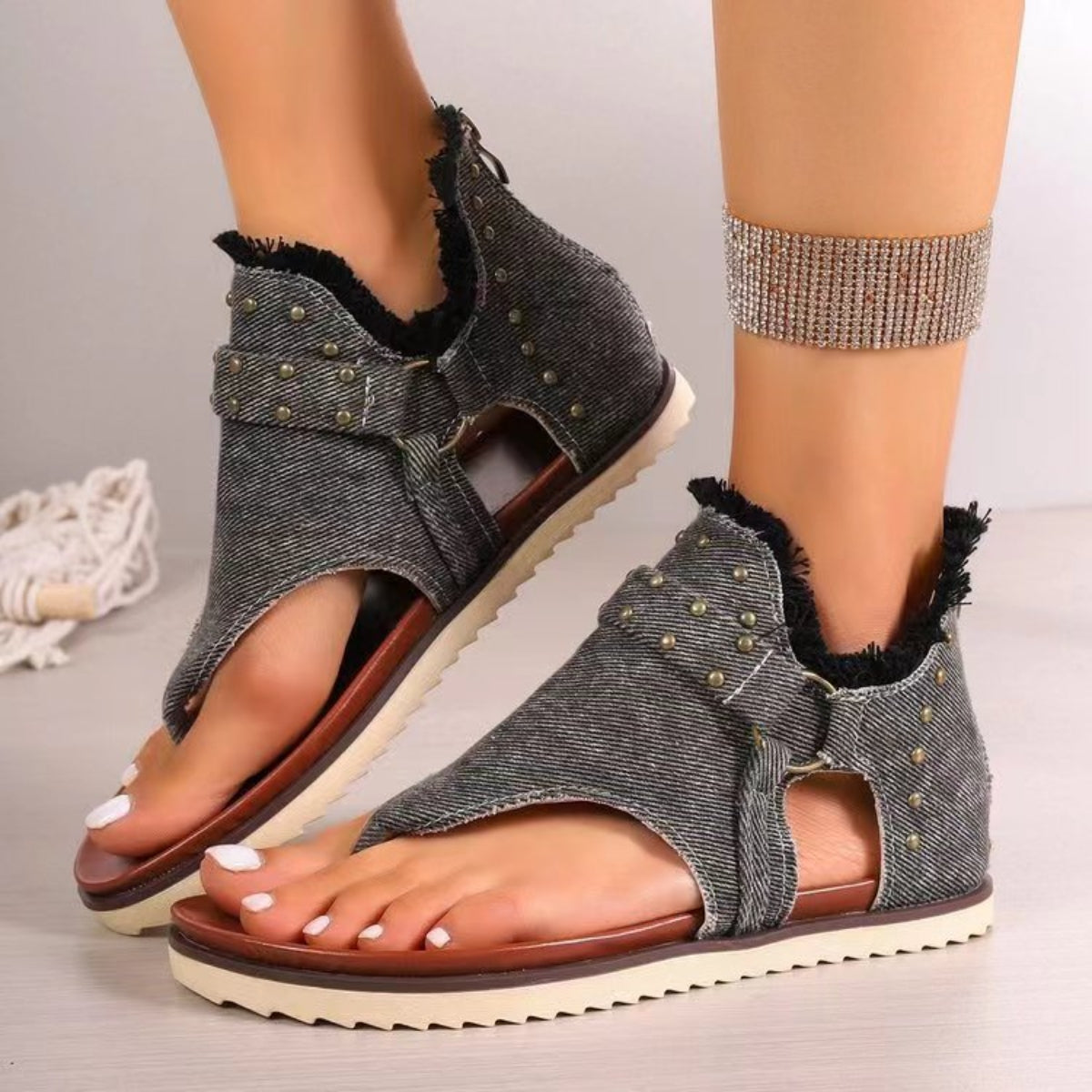 Studded Raw Hem Flat Sandals - Babbazon New Products