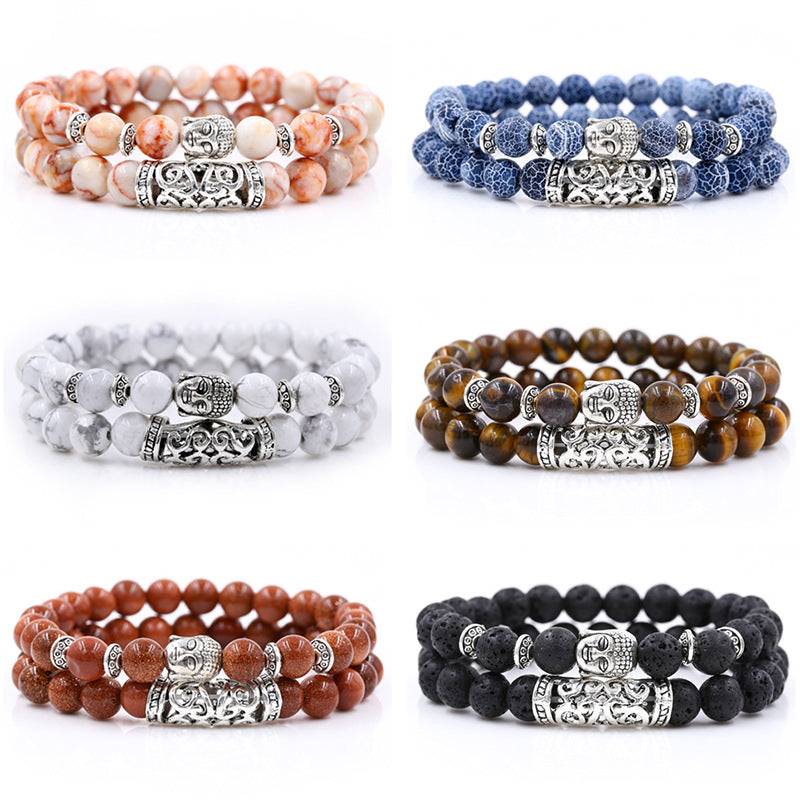 Creative Personality Energy Stone Hand-worn UFO Buddha Head Round Tube Wristband Bracelet Suit