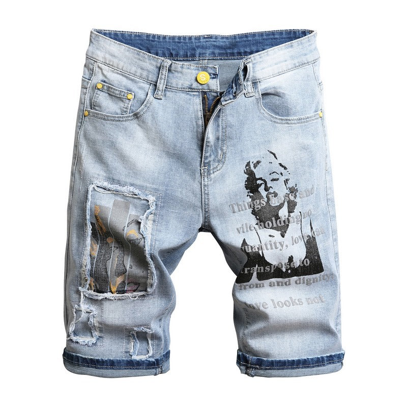 Stretch Denim Shorts Men's Five-point Pants Embroidery