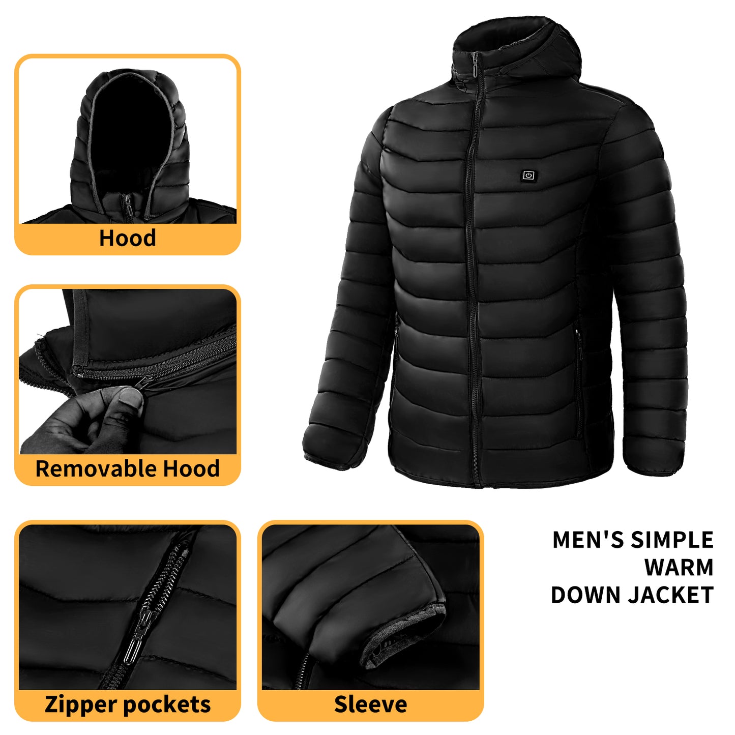 Men Heated Puffer Jacket Electric Heating Coat Insulated Hood Windbreaker 9Heat Zones 