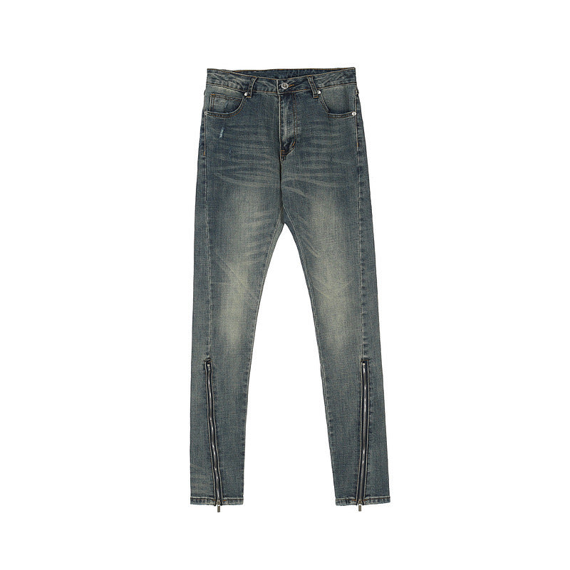 Distressed Slim-fit Jeans With Zipper Straight Pants