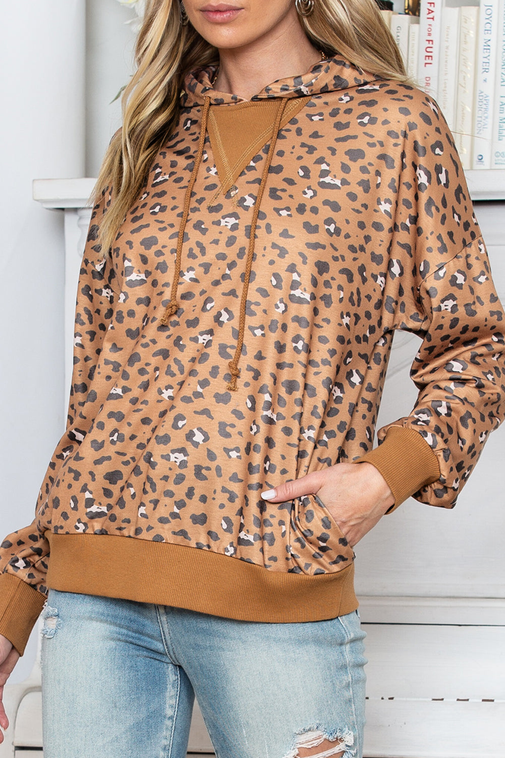 Leopard Long Sleeve Drawstring Hoodie - Babbazon Sweatshirts & Hoodies