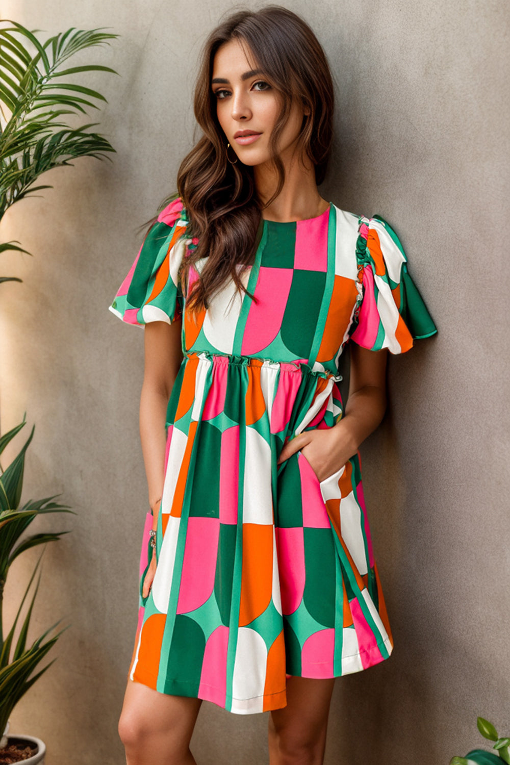 Color Block Round Neck Short Sleeve Dress - Babbazon New Products