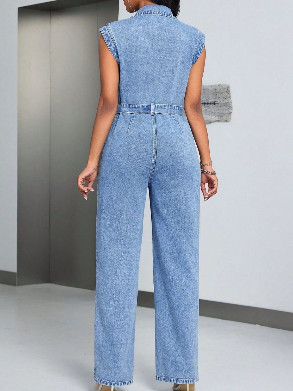 Tied Half Button Denim Jumpsuit with Pockets