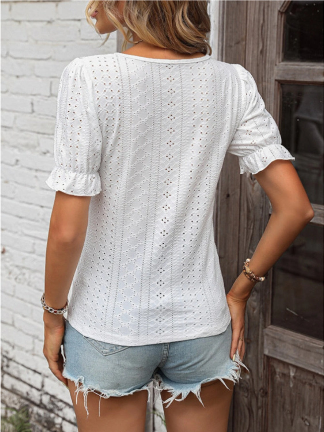 Eyelet Lace Detail V-Neck Flounce Sleeve Blouse 