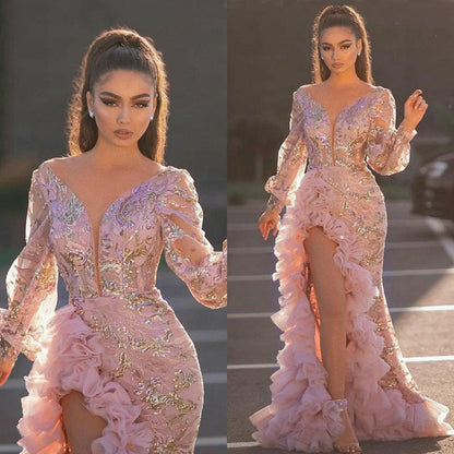 European And American Hip Trailing Sequin Pink Long Mesh Evening Dress