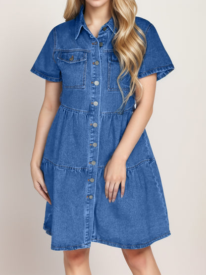 Button Up Short Sleeve Denim Dress 