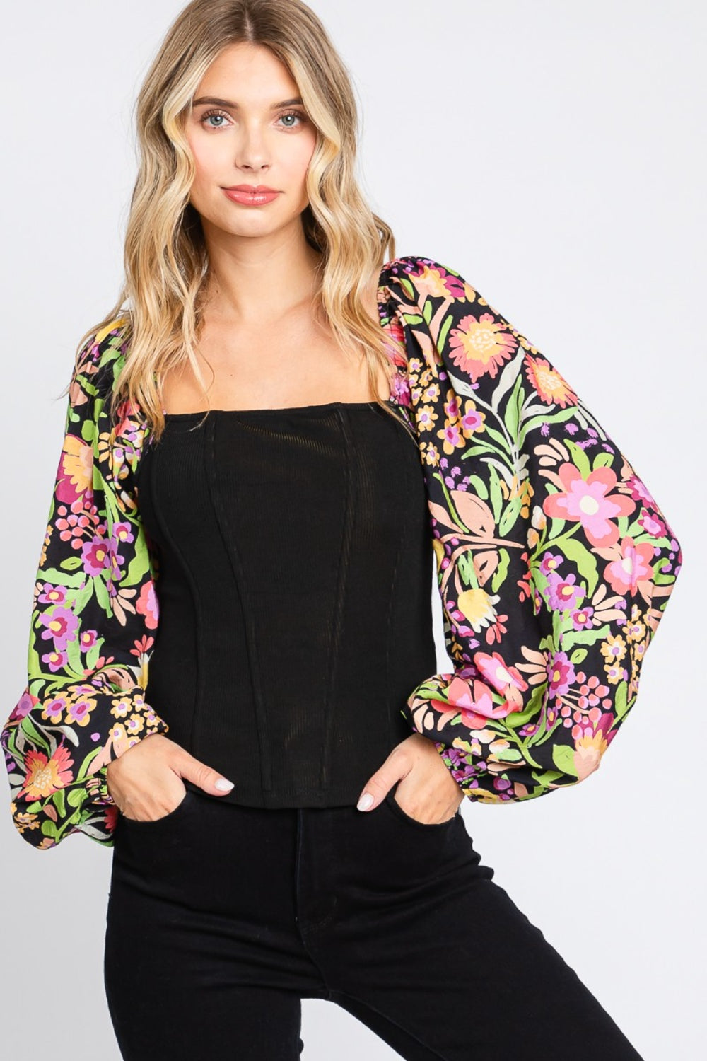 ODDI Full Size Floral Balloon Sleeve Blouse - Babbazon New Products