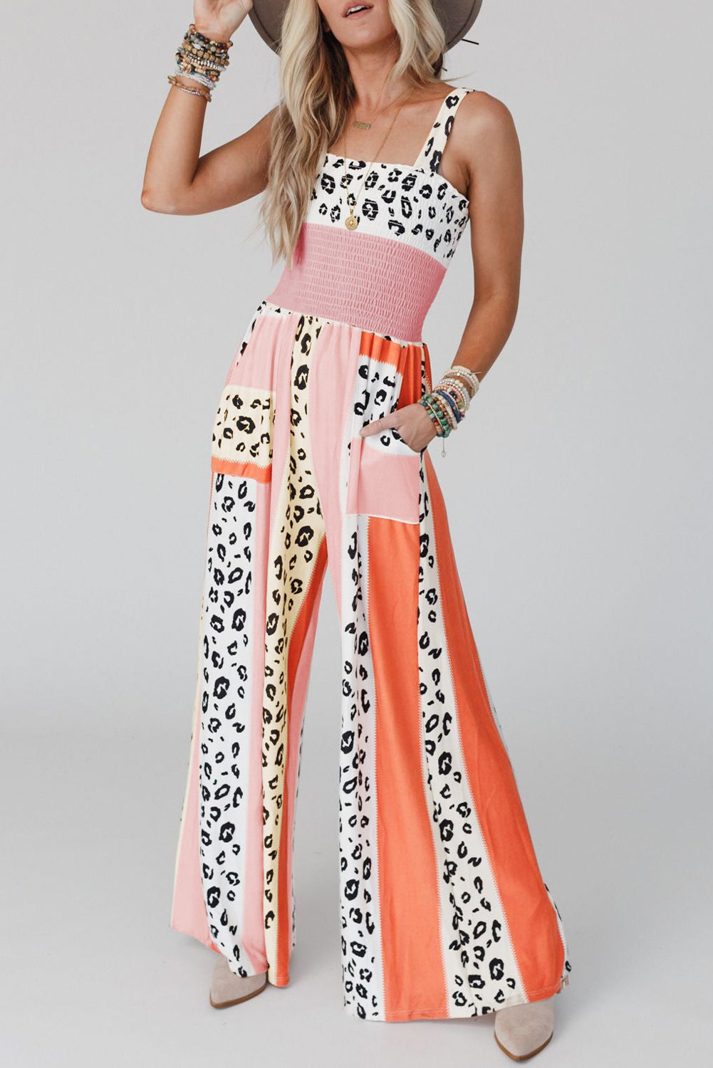 Red Leopard Color Block Mix Print Straps Jumpsuit - Babbazon Jumpsuits