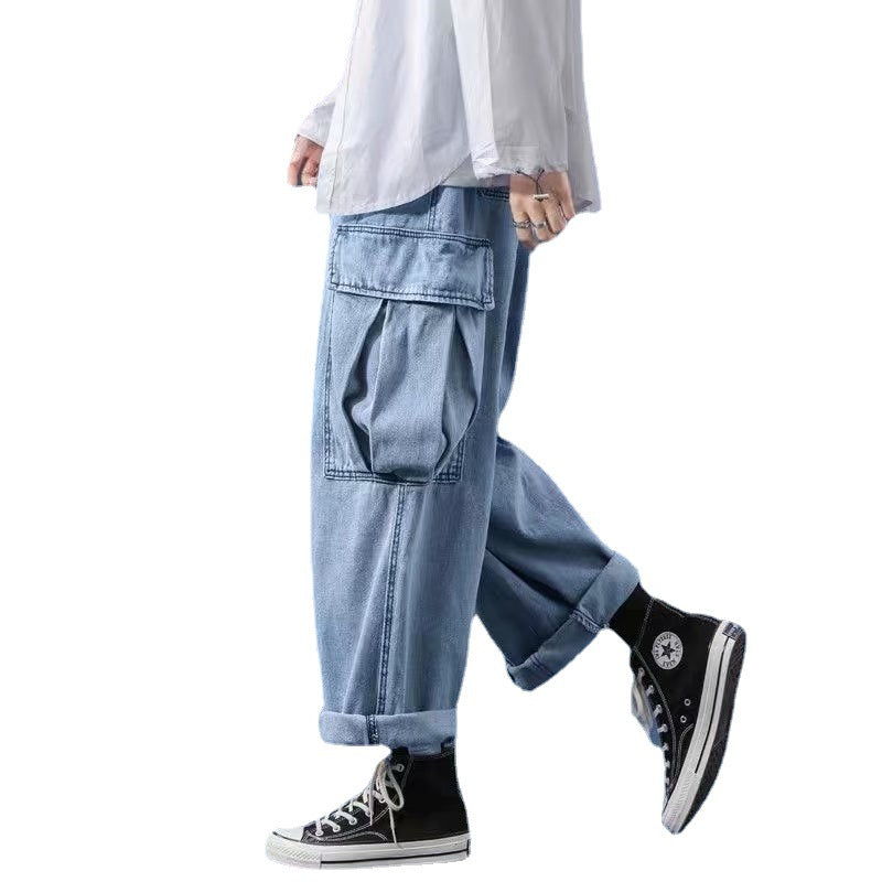 Tooling Jeans Men's Trendy Loose Straight Large Pockets