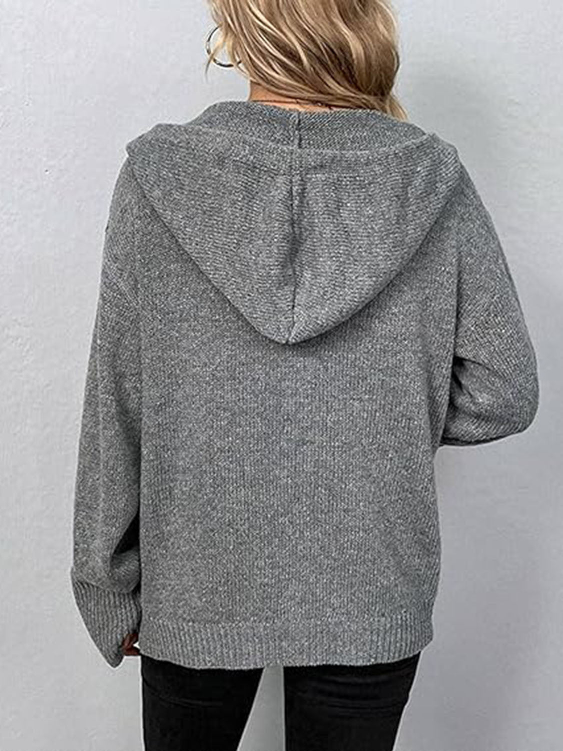 Button Up Drawstring Long Sleeve Hooded Cardigan 