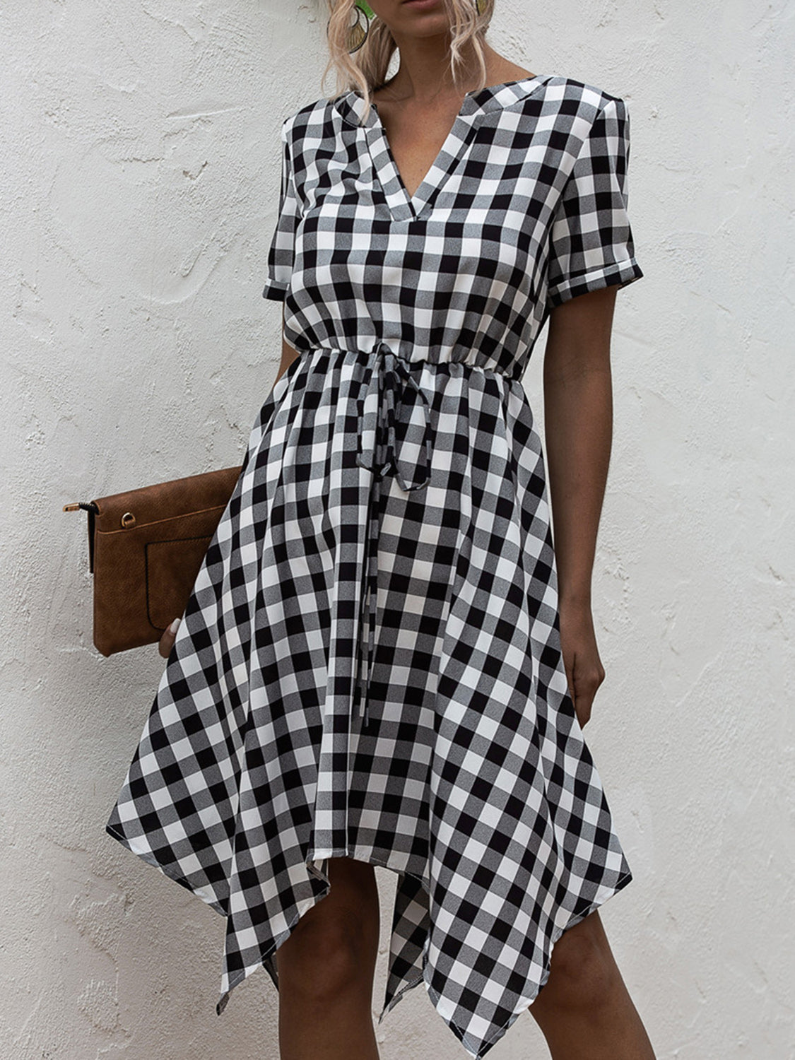 Plaid Notched Short Sleeve Dress 