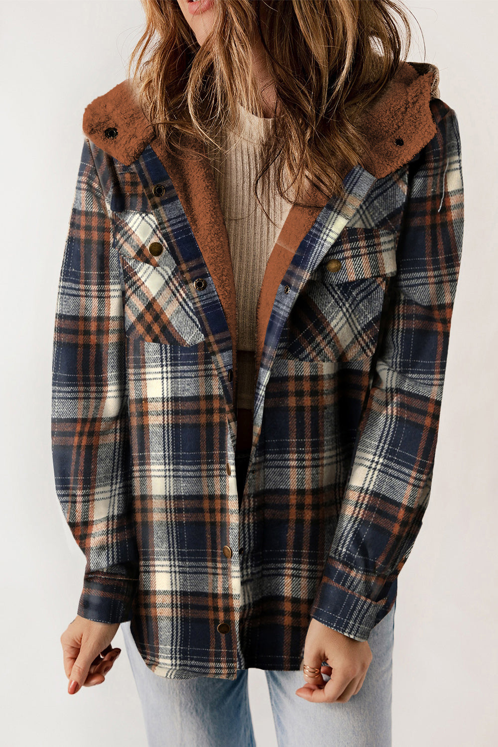 Plaid Snap Down Hooded Jacket - Babbazon Jacket