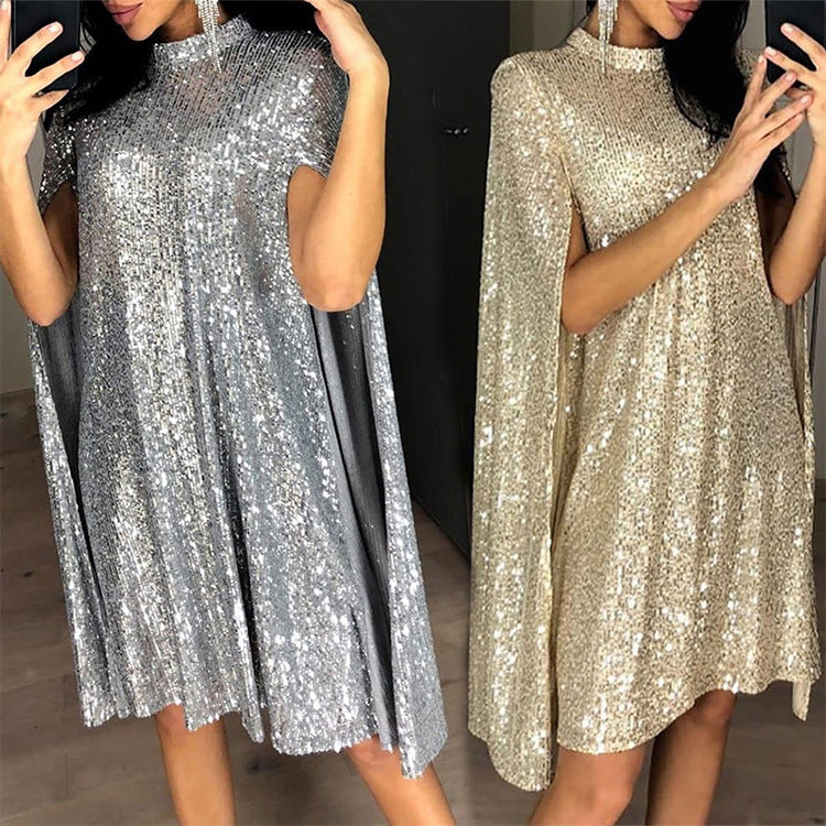 Small Stand Collar Sequin Solid Color Loose Dress