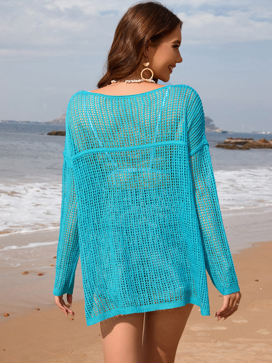 Openwork Slit Boat Neck Long Sleeve Cover-Up 