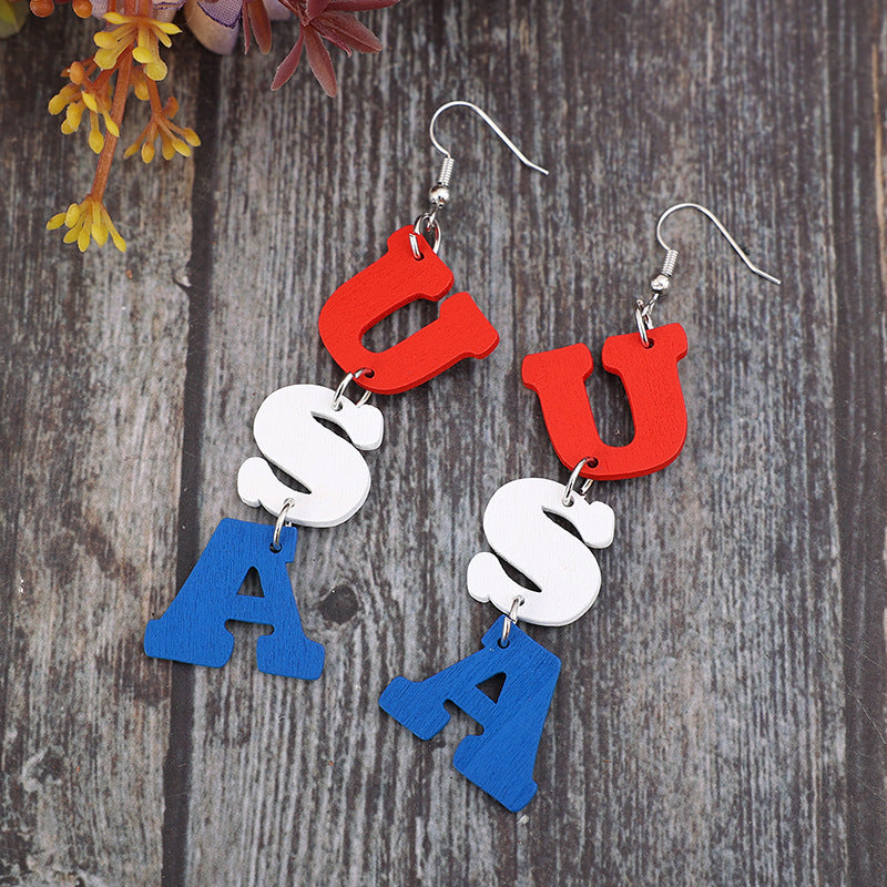 USA Wooden Letter Dangle Earrings 