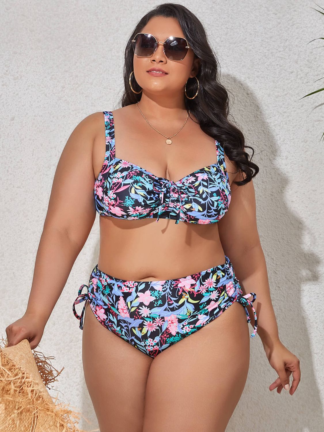 Plus Size Printed Drawstring Detail Bikini Set - Babbazon new