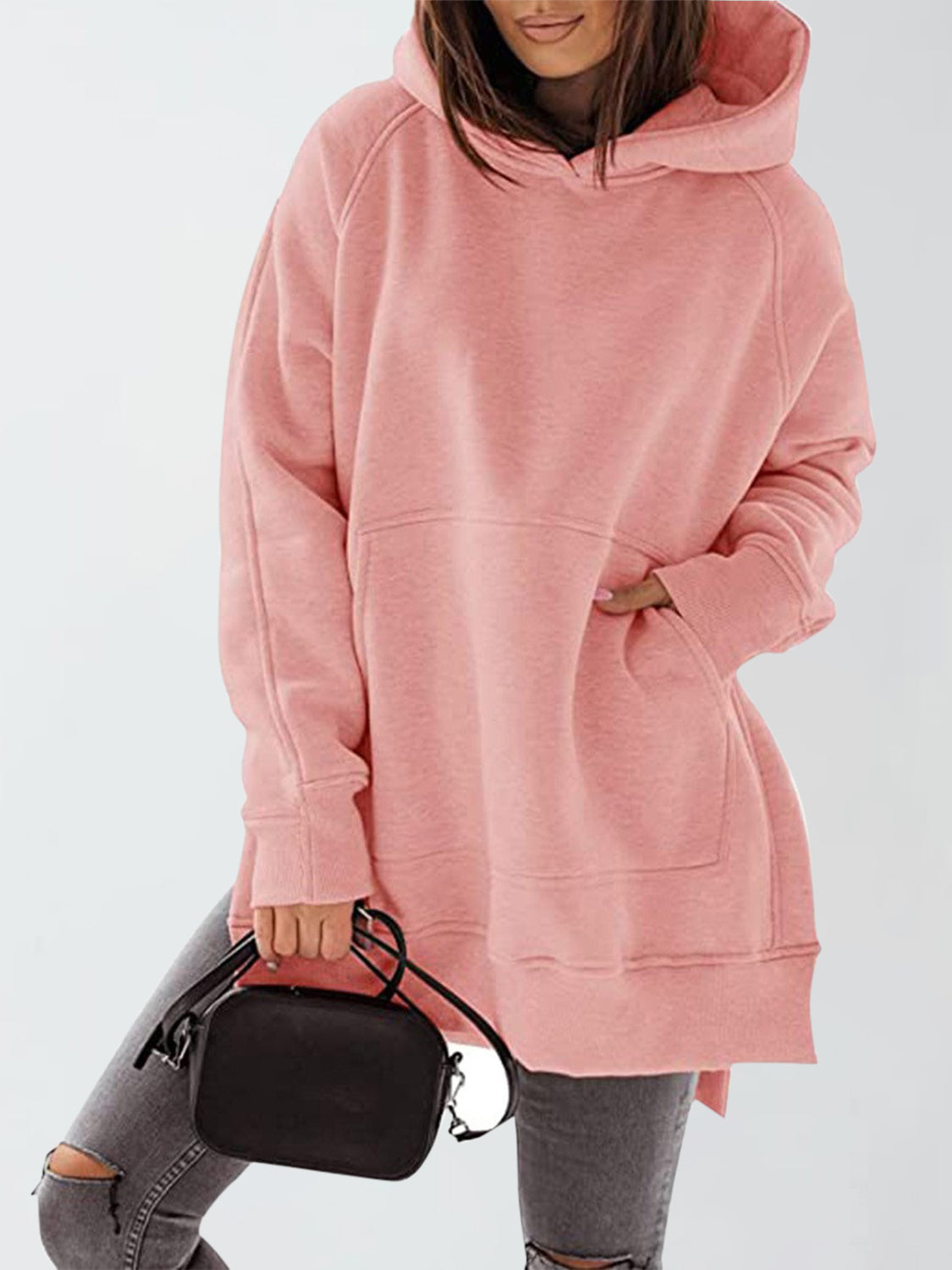 Slit Pocketed Raglan Sleeve Hoodie 