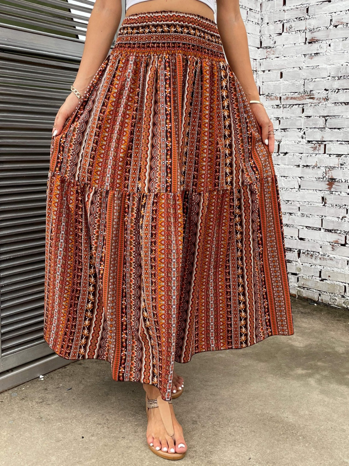 Printed Elastic Waist Maxi Skirt - Babbazon new