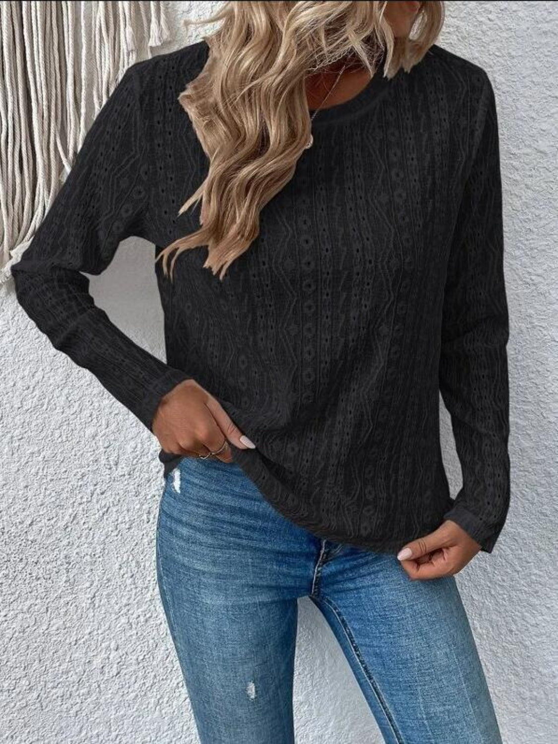 Eyelet Round Neck Long Sleeve Blouse - Babbazon New Products