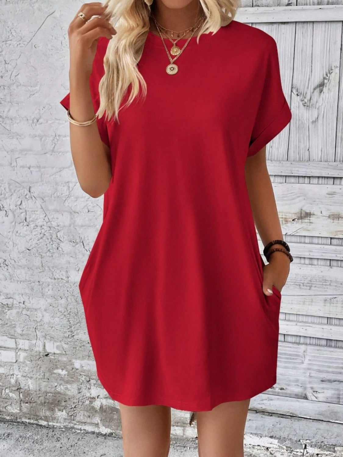 Pocketed Round Neck Short Sleeve Dress - Babbazon