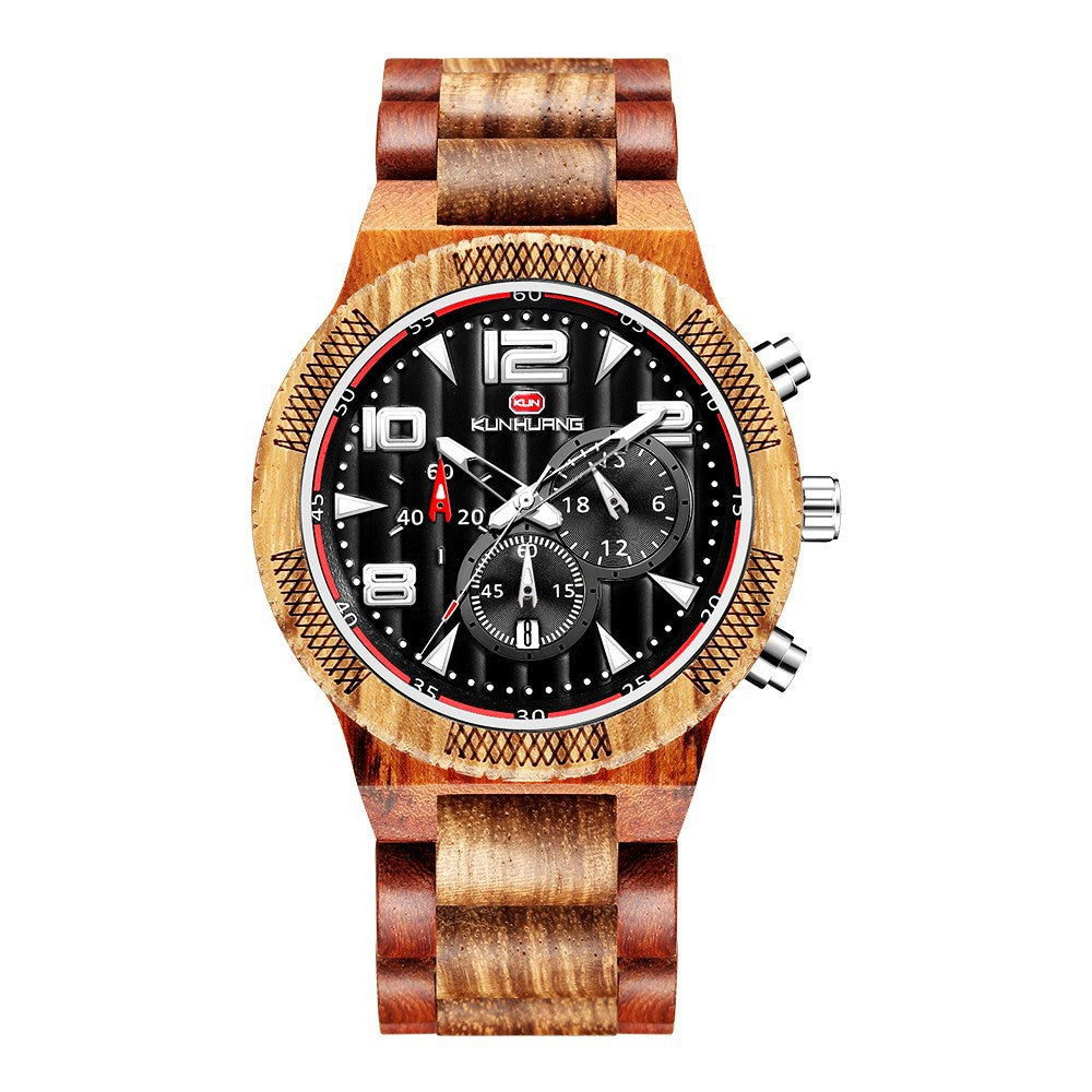 Kunhuang New Men's Watch Big Dial Movement Multi Function Sandalwood Quartz Watch With Luminous