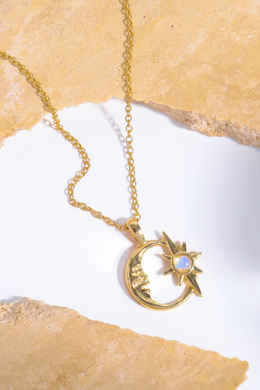 Copper 14K Gold-Plated Moon & Star Shape Pendant Necklace 