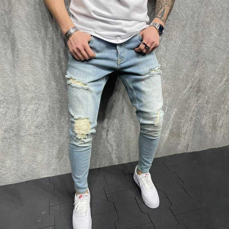 Men's Small Feet Jeans European And American Frayed Casual Slim Jeans