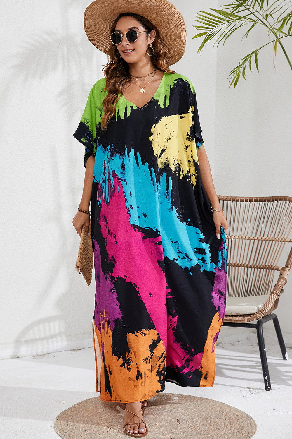 Slit Printed V-Neck Short Sleeve Cover Up - Babbazon New Products