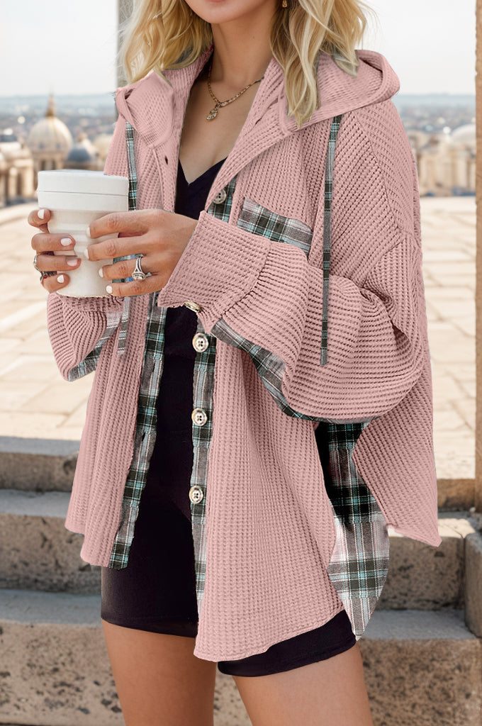 Plaid Waffle-Knit Drawstring Hooded Jacket - Babbazon Jacket