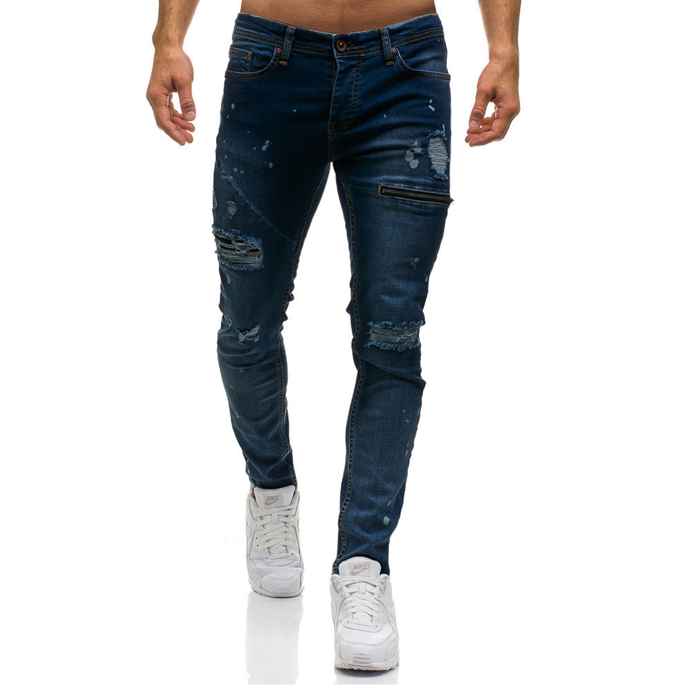 Zipper Autumn And Winter Men's Casual Ripped Jeans