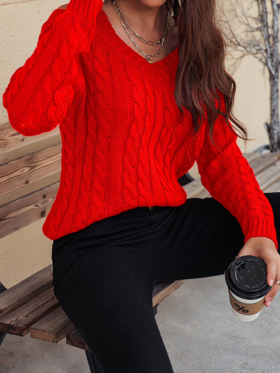 Honey Cable-Knit V-Neck Cold Shoulder Sweater