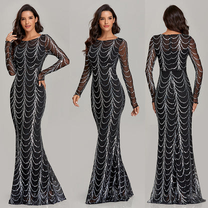 Slim Fit Banquet Fishtail Dress Elegant Party Sequin Long Sleeves