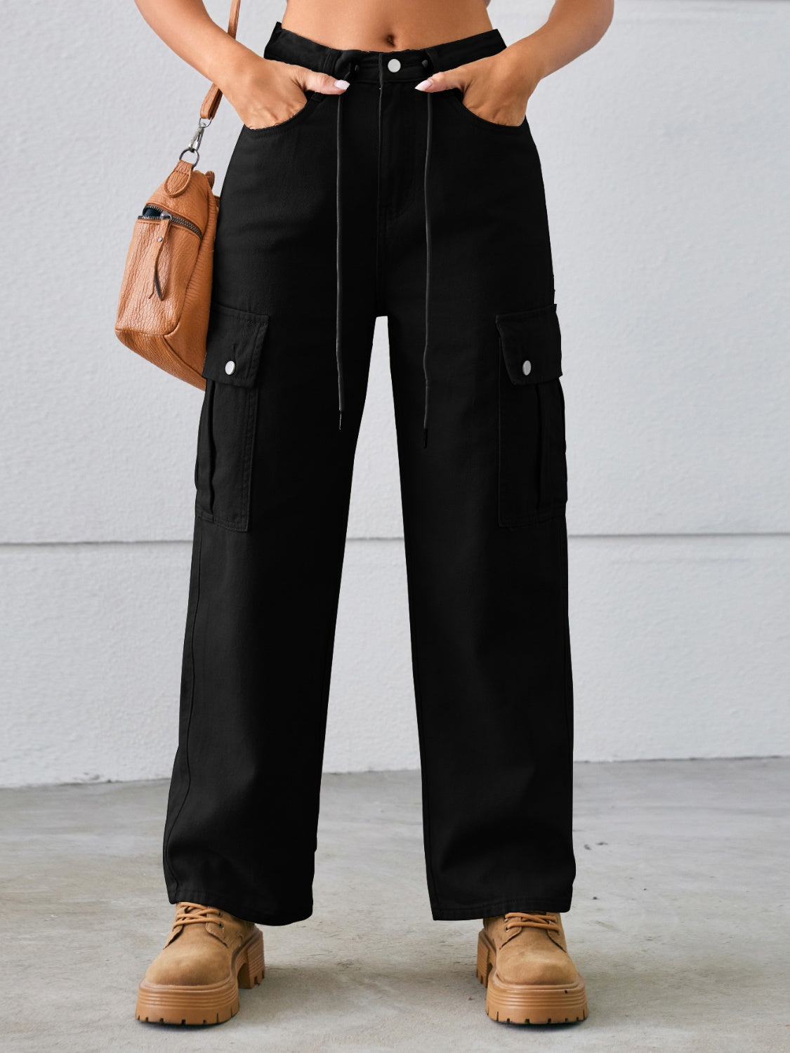 Drawstring Mid-Rise Waist Straight Cargo Jeans 