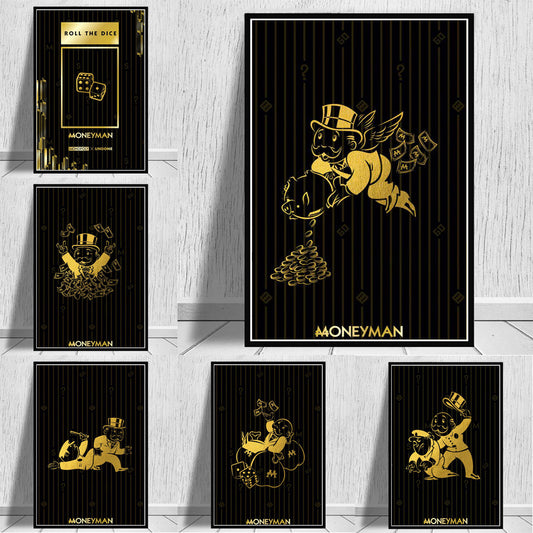 Abstract Golden Monopoly Art Posters And Prints Rich Money Man Pictures On Canvas Wall Paintings