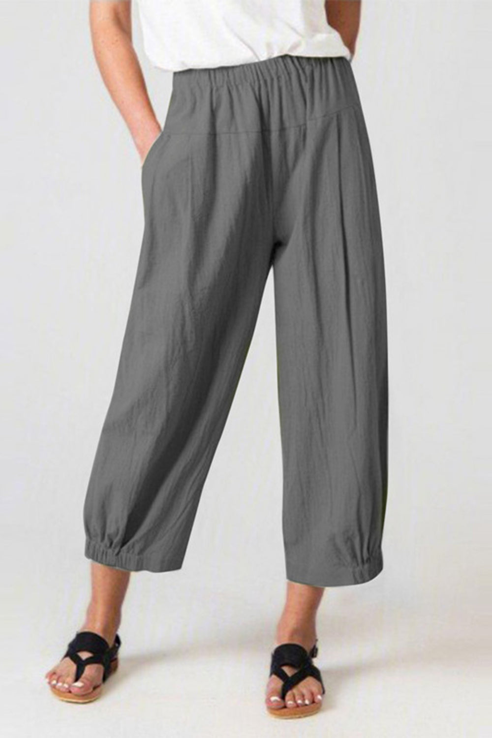 Full Size Elastic Waist Cropped Pants - Babbazon New Products