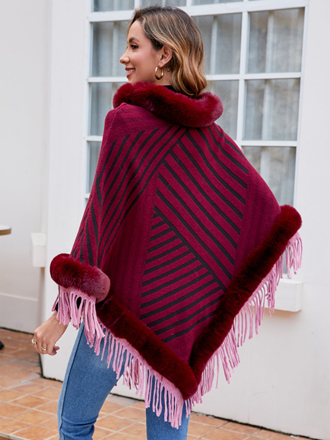 Striped Fringe Hem Poncho 